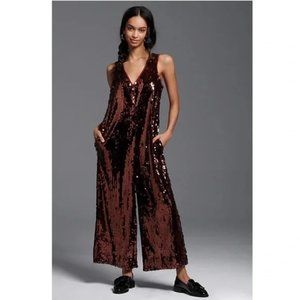 Anthropologie Maeve Sequin Jumpsuit Royale Copper Wide Leg